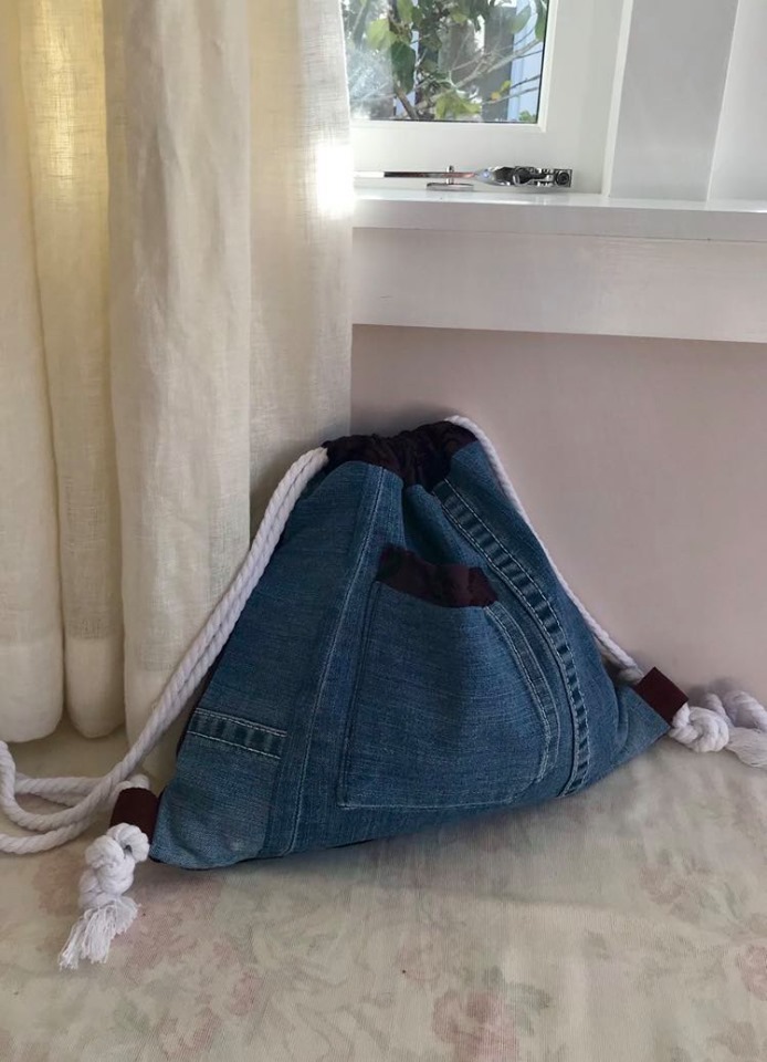 Up-cycled jeans with textured burgundy velvet back - $39